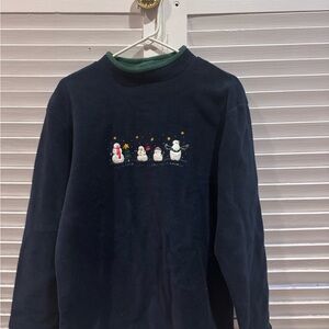 Vintage Snowman Embroidered Fleece Pullover Navy Green Cozy Winter Sweatshirt